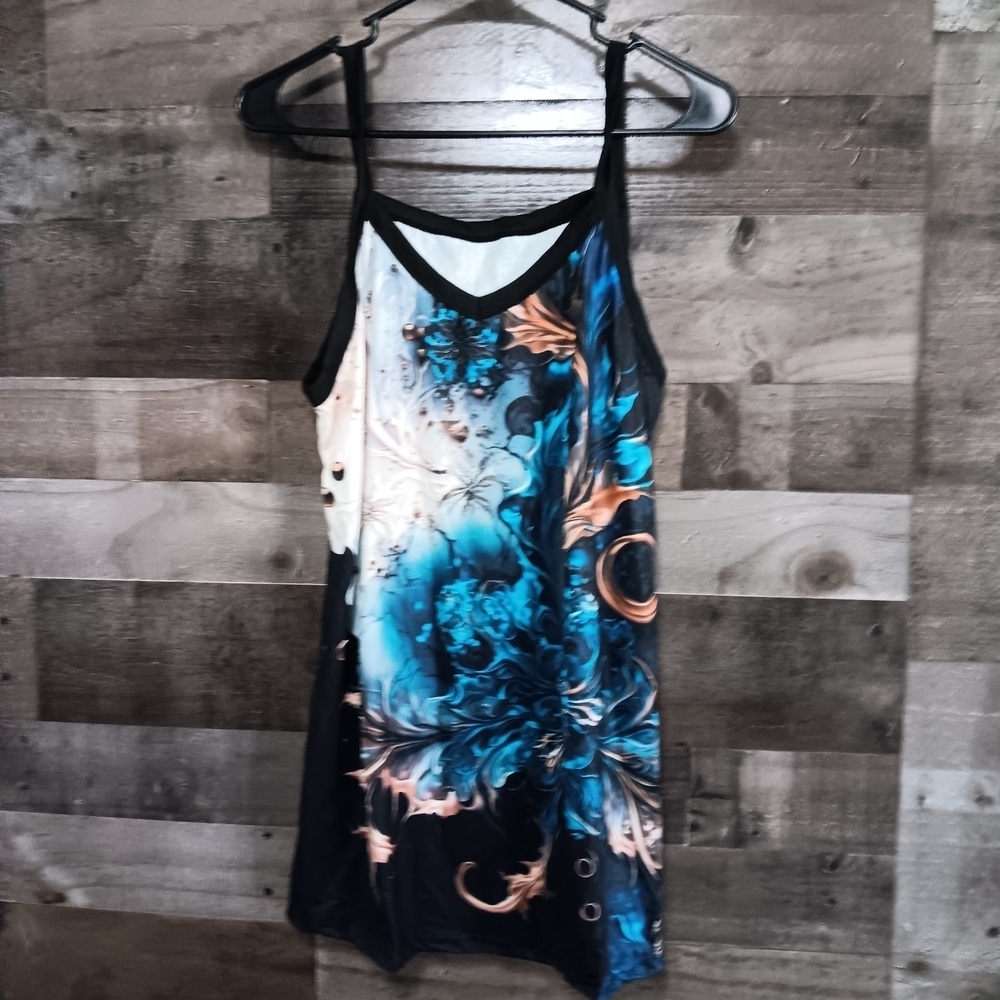 Floral Print Women's Tank Top - Black and Blue